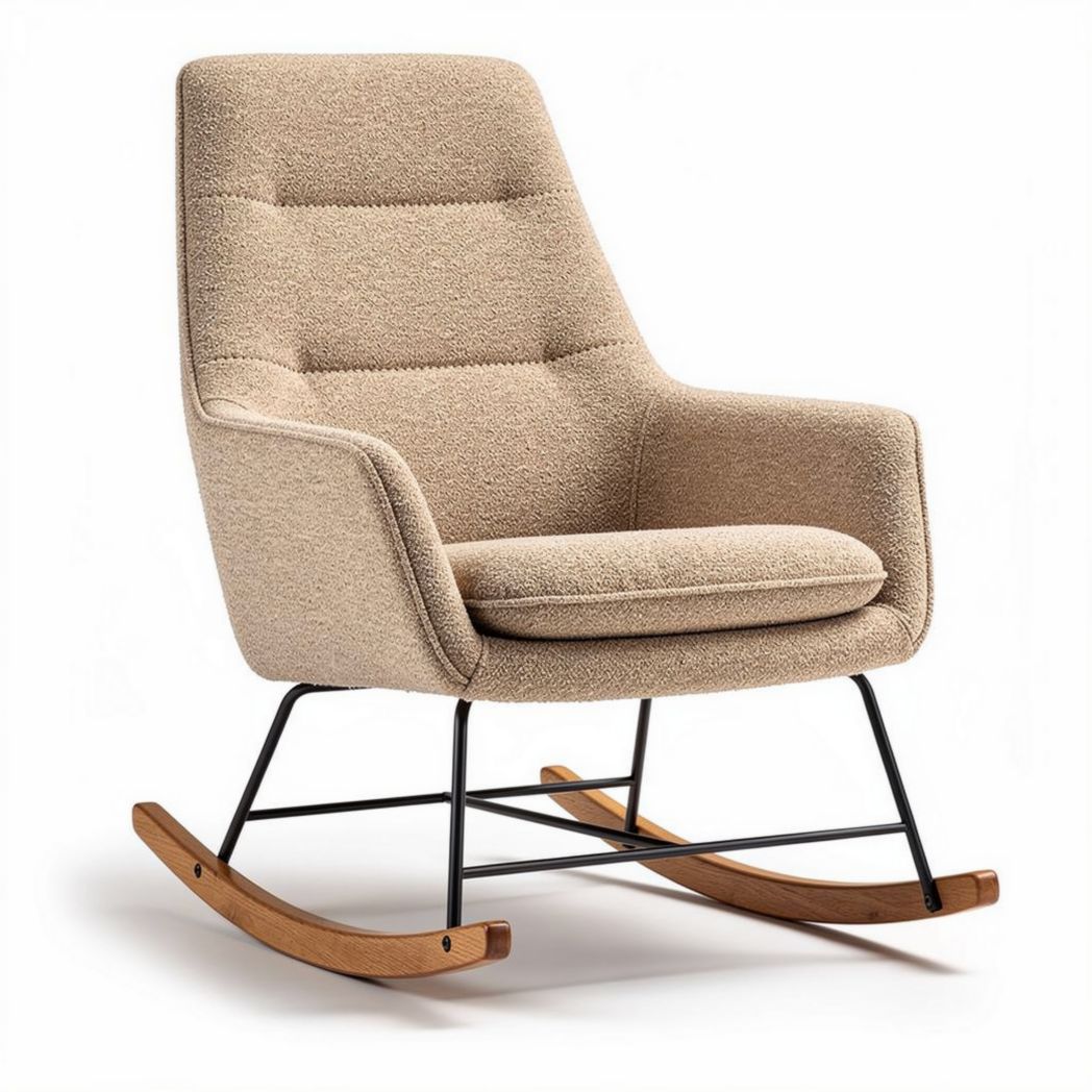 Fauteuil à bascule en tissu beige avec structure en métal et bois 80 x 70 x 90cm