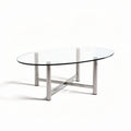 Table basse en verre trempé oval 120 x 60 x 40cm avec pieds en acier inoxydable