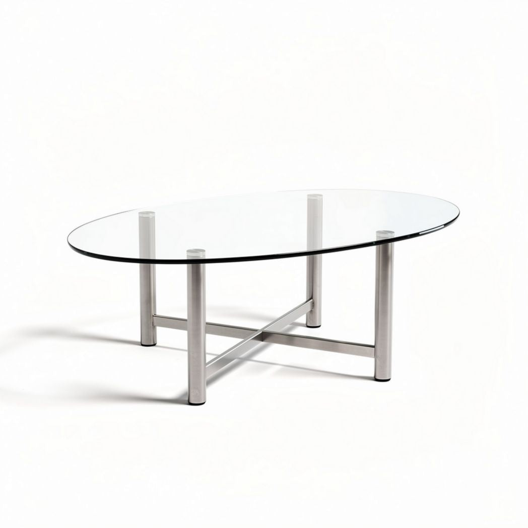 Table basse en verre trempé oval 120 x 60 x 40cm avec pieds en acier inoxydable