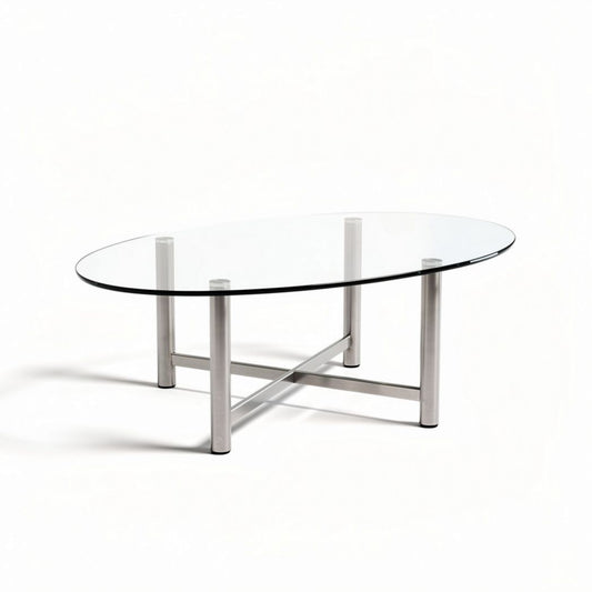 Table basse en verre trempé oval 120 x 60 x 40cm avec pieds en acier inoxydable