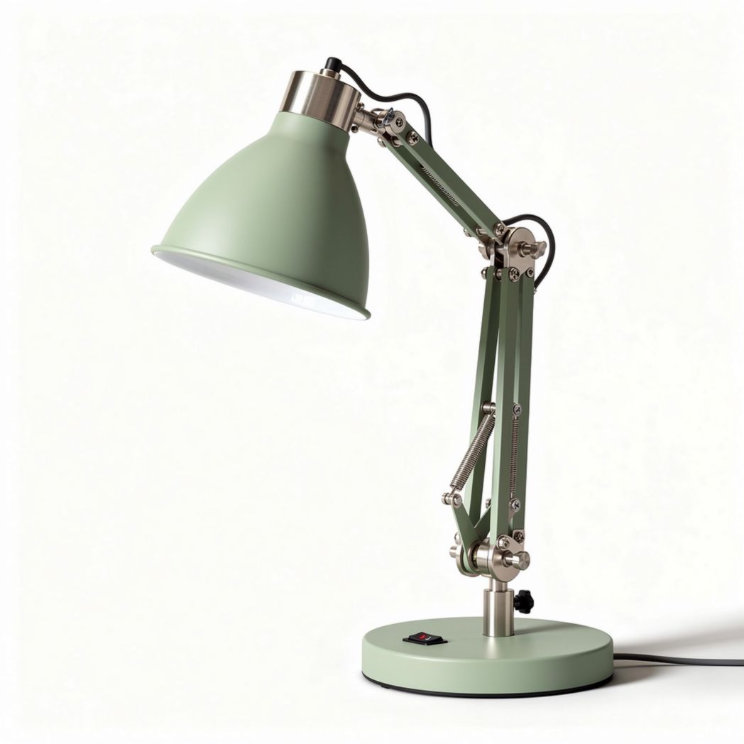 Lampe de bureau articulée en métal vert avec abat-jour orientable et bras ajustable