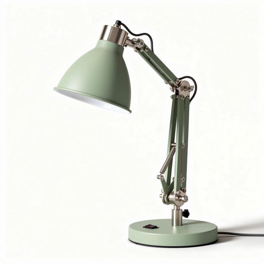 Lampe de bureau articulée en métal vert avec abat-jour orientable et bras ajustable