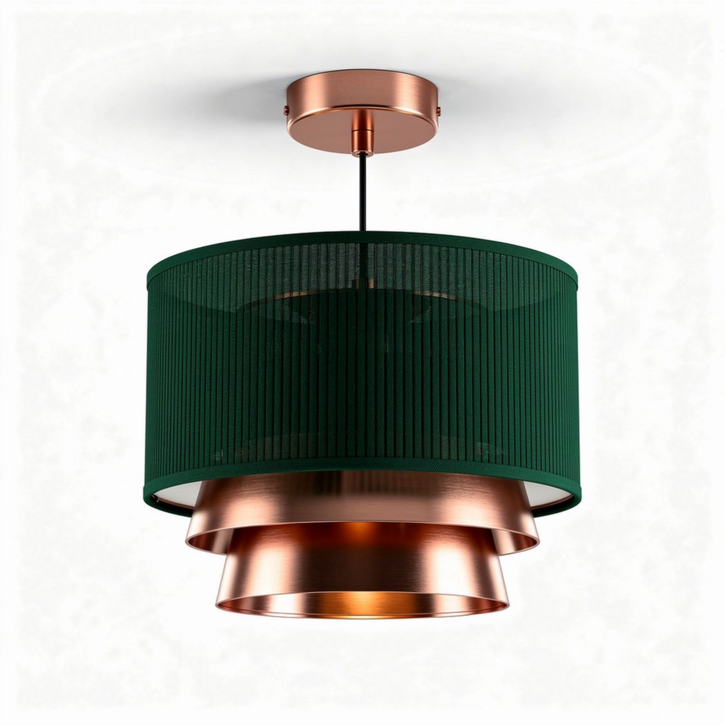 Lampe suspendue en métal cuivré avec abat-jour vert en textile 20 x 20 x 30cm
