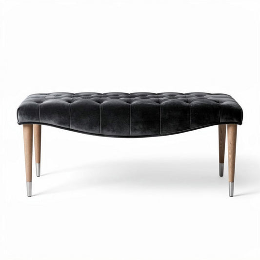 Banquette en velours gris 120 x 60 x 45cm avec pieds en bois